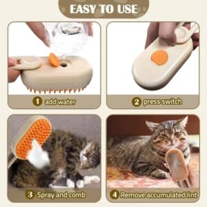  Cat Steam Hair Removal Brush – 3-in-1 grooming tool for cats & dogs, featuring a spray function and soft silicone teeth.