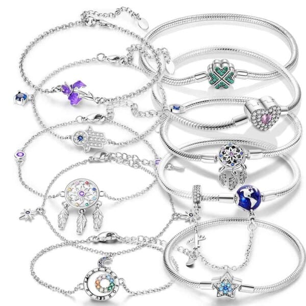 Silver-plated heart charm bracelet with star and butterfly designs for women’s party wear and gifts