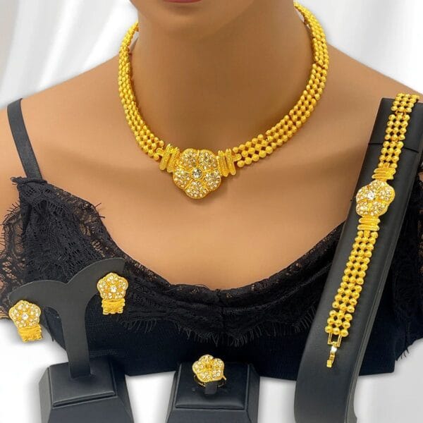 Elegant 24k Gold Wedding Jewelry Set for Women with Big Pendant Necklace, Earrings, Bracelet, and Ring