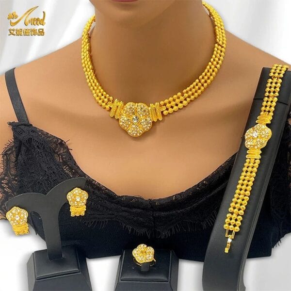 Elegant 24k Gold Wedding Jewelry Set for Women with Big Pendant Necklace, Earrings, Bracelet, and Ring