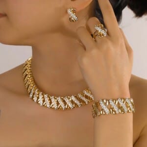Home 61 Gold-Plated Wedding Jewelry Set for Women, featuring necklace, earrings, ring, and bracelet. Perfect bridal accessory.