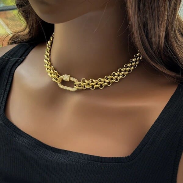 18K Gold Plated Triple Braided Necklace with Zircon Clasp for Women - Elegant and Waterproof Fashion Jewelry