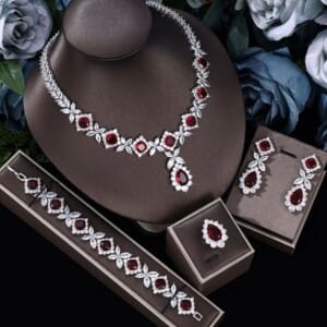 Home 81 Elegant Bridal Jewelry Set with cubic zirconia stones for weddings, including necklace, earrings, ring, and bangle.
