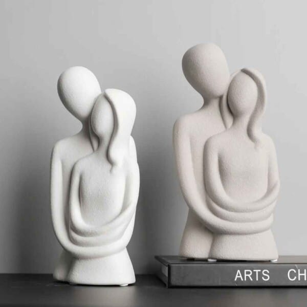 Elegant Nordic Abstract Couple Sculpture in white and grey, frosted ceramic statue of embracing lovers, perfect for wedding gifts or home decor.