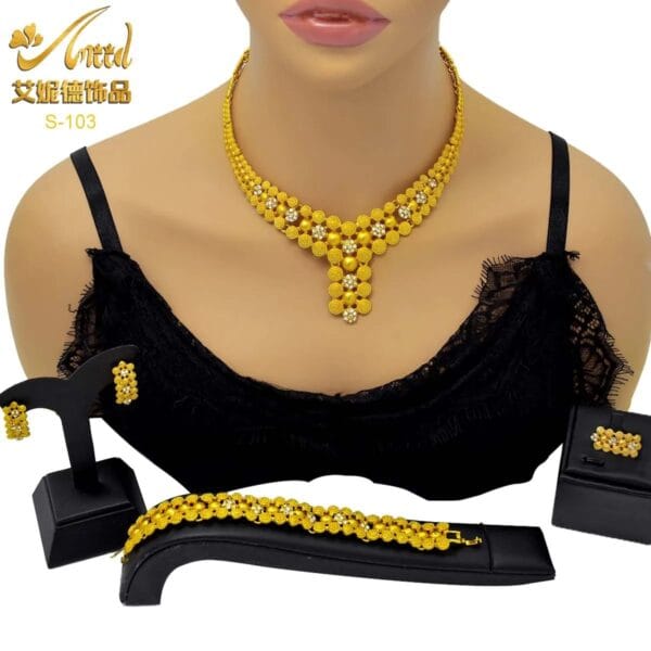 Elegant 24k Gold Wedding Jewelry Set for Women with Big Pendant Necklace, Earrings, Bracelet, and Ring