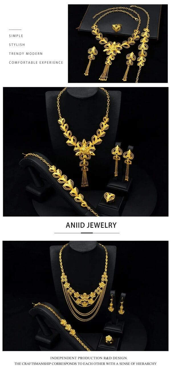 Elegant 24k Gold Wedding Jewelry Set for Women with Big Pendant Necklace, Earrings, Bracelet, and Ring