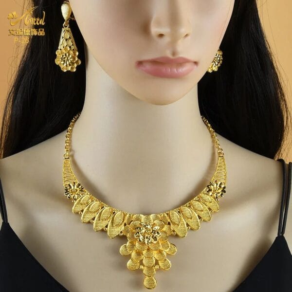 Elegant 24k Gold Wedding Jewelry Set for Women with Big Pendant Necklace, Earrings, Bracelet, and Ring