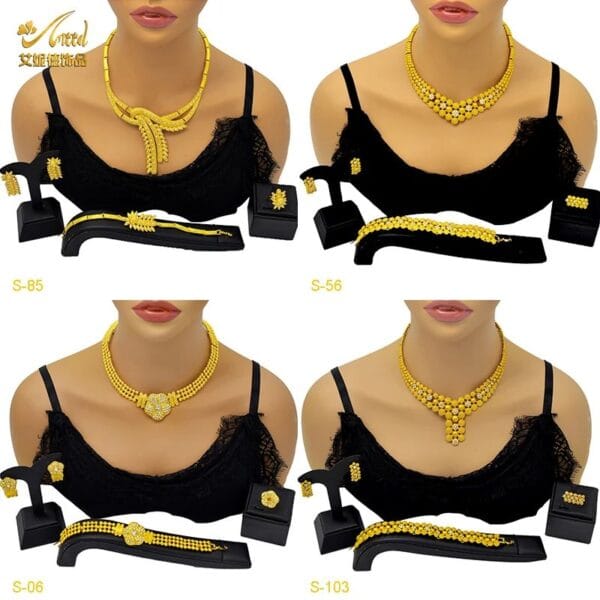 Elegant 24k Gold Wedding Jewelry Set for Women with Big Pendant Necklace, Earrings, Bracelet, and Ring
