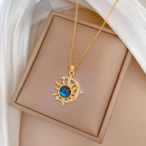Home 128 Light Luxury Star Necklace โ a gold-plated titanium necklace with a celestial star and moon pendant, exuding modern elegance and cosmic charm.