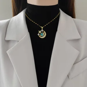 Light Luxury Star Necklace – a gold-plated titanium necklace with a celestial star and moon pendant, exuding modern elegance and cosmic charm.