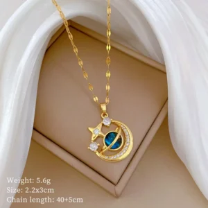 Light Luxury Star Necklace – a gold-plated titanium necklace with a celestial star and moon pendant, exuding modern elegance and cosmic charm.