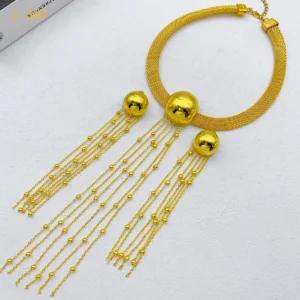 Home 126 African 24K Tassel Necklace โ luxury jewelry set for women featuring a radiant 24K gold finish and elegant tassel design.