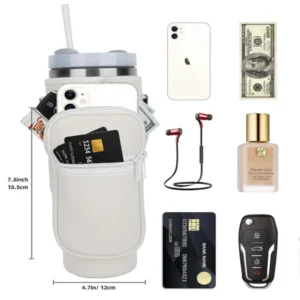 Home 112 Water Bottle Carrier Bag โ Stylish and Practical with Phone Pocket, perfect for 40 oz Stanley Cups, featuring durable neoprene and adjustable strap.