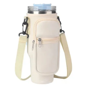 Home 113 Water Bottle Carrier Bag โ Stylish and Practical with Phone Pocket, perfect for 40 oz Stanley Cups, featuring durable neoprene and adjustable strap.