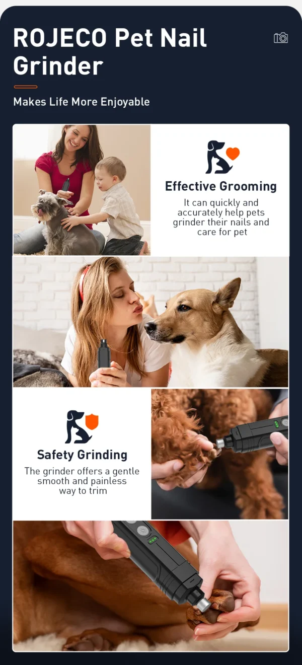 A quiet, rechargeable pet nail grinder with LED lights and multiple speeds for safe, stress-free grooming of dogs and cats.