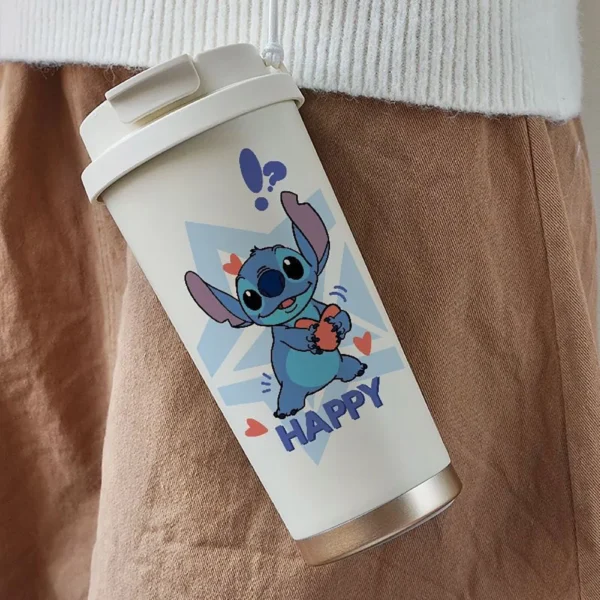 Cute 600ML Stitch cartoon thermos cup with straw lid for kids and anime lovers