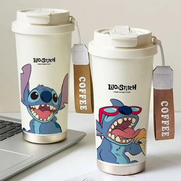 Cute 600ML Stitch cartoon thermos cup with straw lid for kids and anime lovers