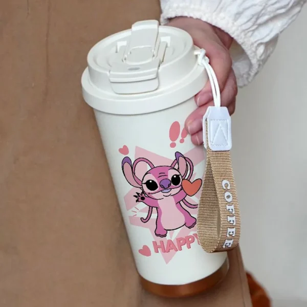 Cute 600ML Stitch cartoon thermos cup with straw lid for kids and anime lovers