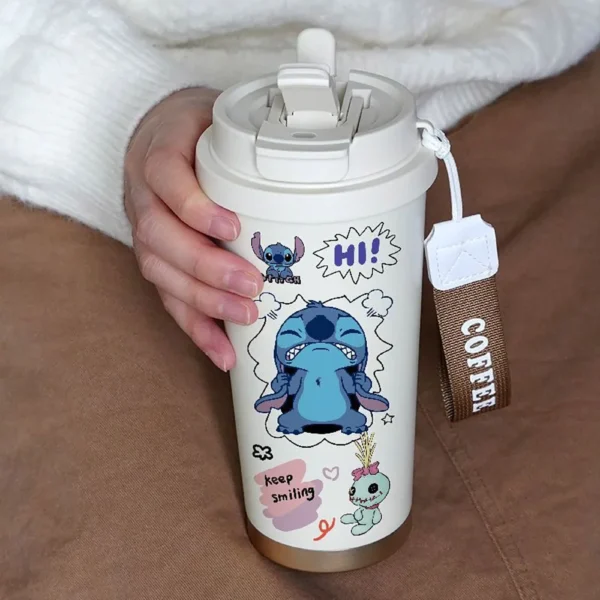 Cute 600ML Stitch cartoon thermos cup with straw lid for kids and anime lovers