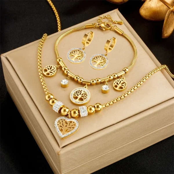 Minimalist Retro Jewelry Set in gold with heart, circle, and tree charms