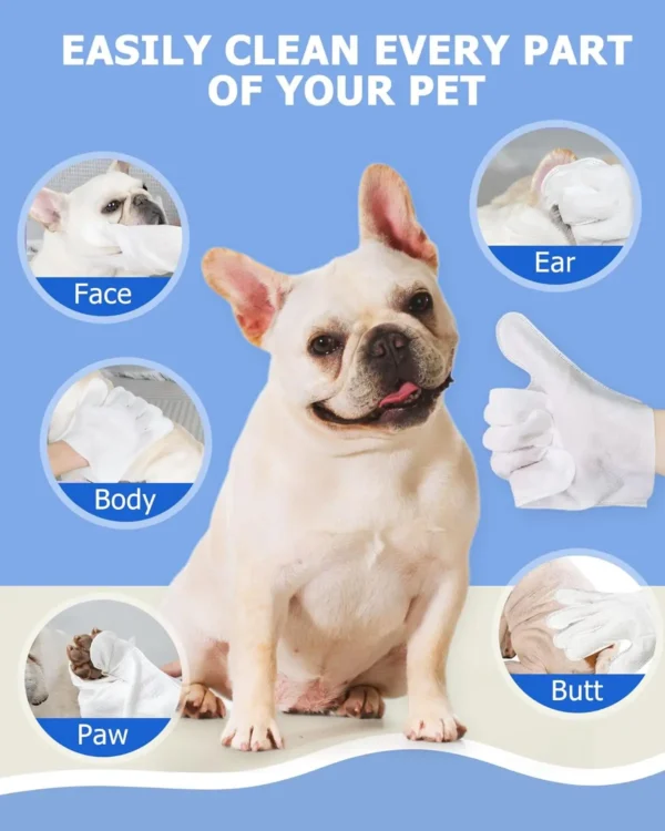 Glove-shaped pet cleaning wipes for cats and dogs, ideal for paws and fur care.