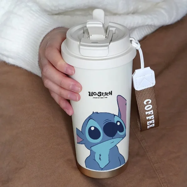 Cute 600ML Stitch cartoon thermos cup with straw lid for kids and anime lovers