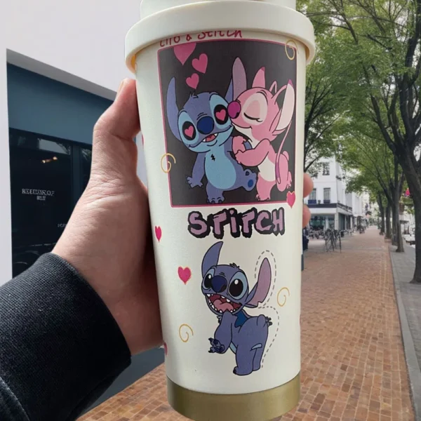 Cute 600ML Stitch cartoon thermos cup with straw lid for kids and anime lovers