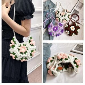 Home 28 Handmade crescent crochet crossbody bag with soft texture and delicate floral style