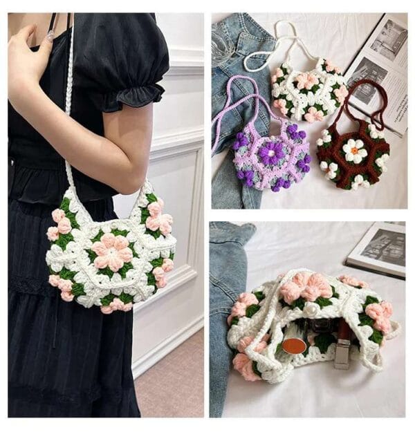 Handmade crescent crochet crossbody bag with soft texture and delicate floral style