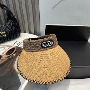 Original Gucci straw sun hat with brown ruched band and black stitched trim